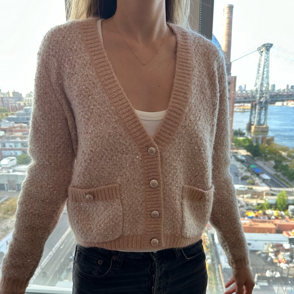 Maje Mission V-Neck Metallic Sequin Cardigan in Pink